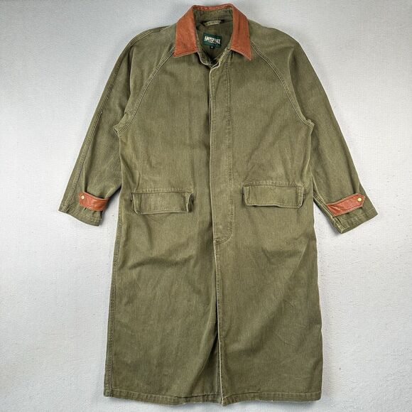 Vintage American Eagle Duster Jacket Men’s Medium Green Canvas Leather Trim